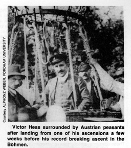 Victor Hess surrounded by Austrian peasants after landing