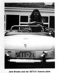 Jane Brooks and her SETI-21 license plate