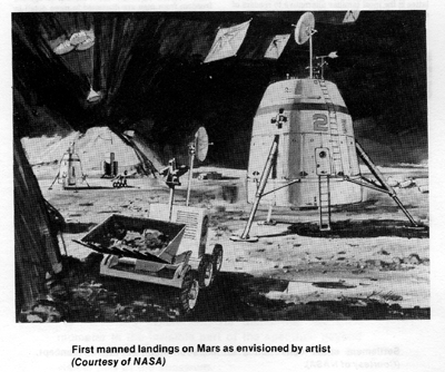 First manned landings on Mars as envisioned by artist