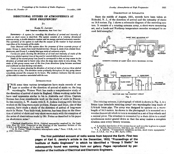 The first published account of radio waves from beyond the earth.