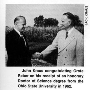 John Kraus congratulating Grote Reber on his receipt of an honorary Doctor of Science degree from the Ohio State University in 1962