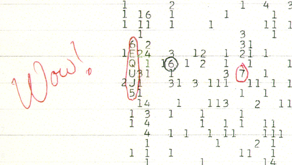 Wow! signal, original printout with Ehman's handwritten exclamationSource: Big Ear Radio Observatory and North American AstroPhysical Observatory (NAAPO) wowcl.jpg